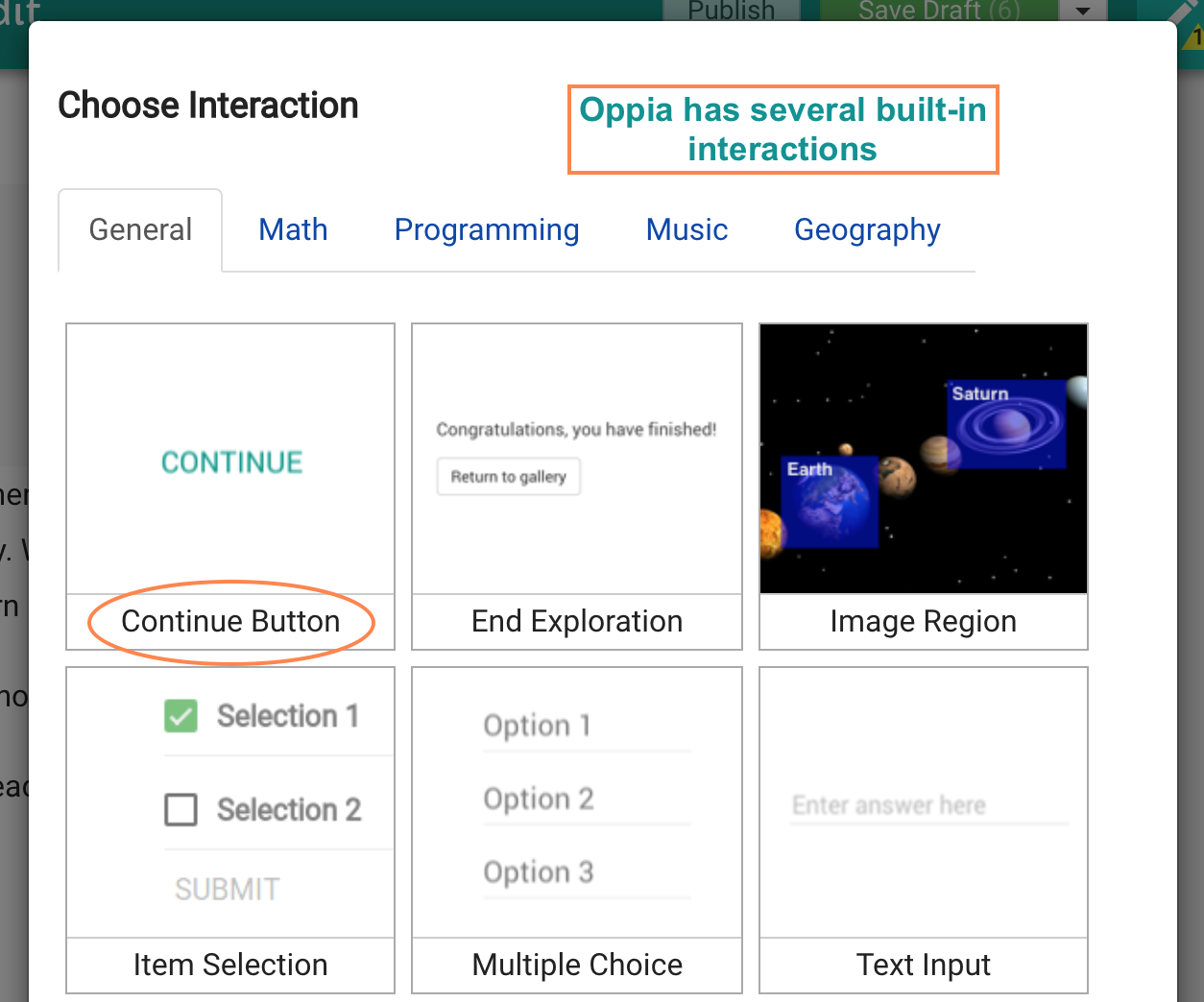 Selecting the Continue button from the interaction menu
