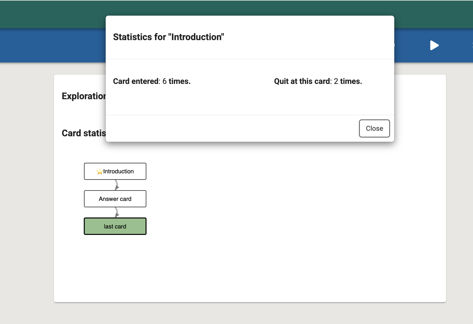 A detailed pop-up for a specific card showing the percentage of learners who dropped off at that point.