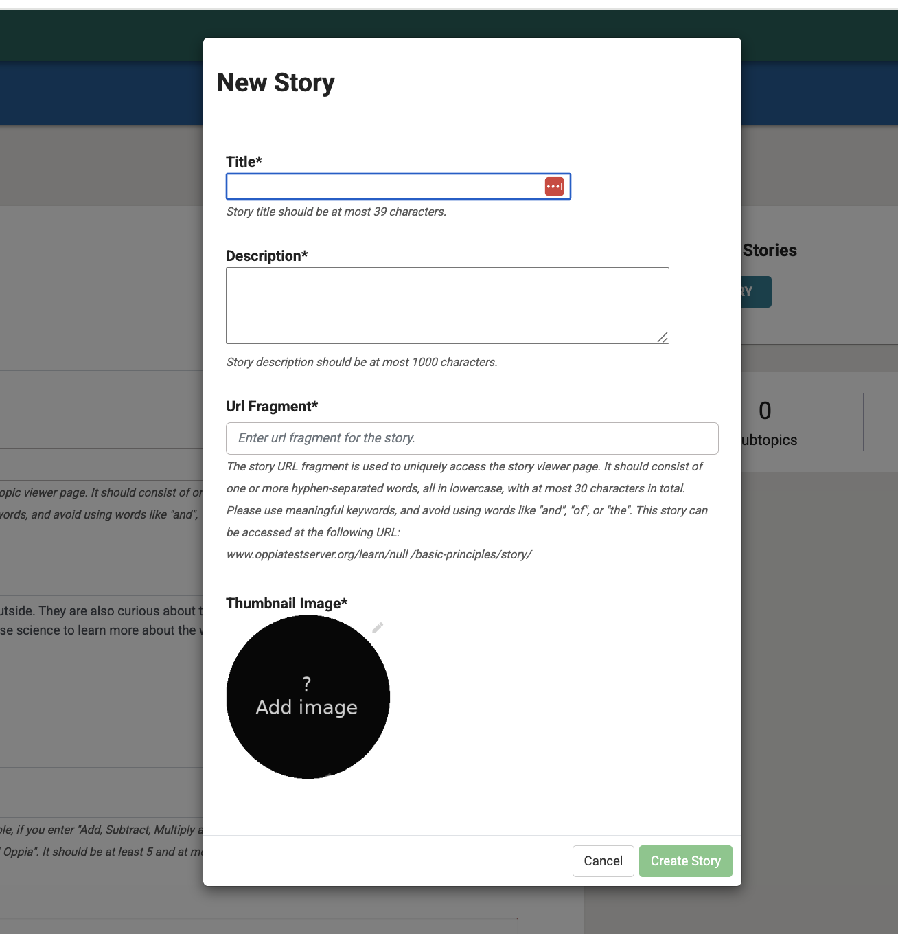 Create a new story dialog