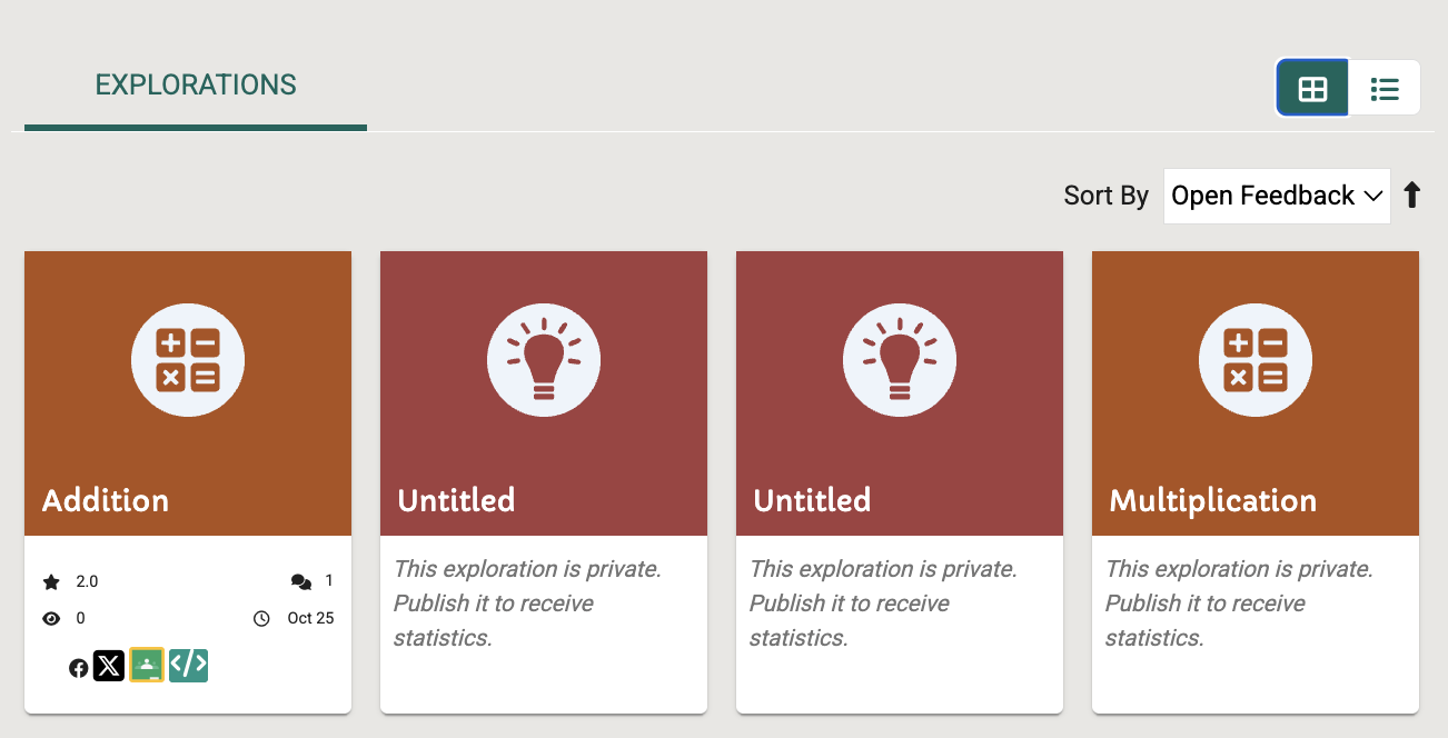 The Creator Dashboard showing individual lesson cards with icons for ratings, views, and feedback.