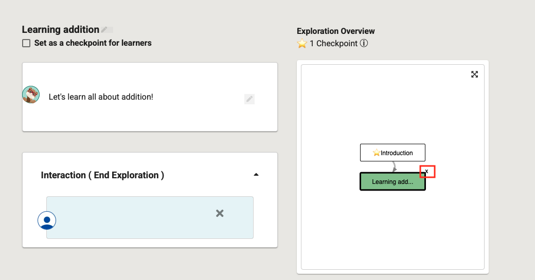 The Exploration Overview panel highlighting the 'x' button on a card node to remove it.
