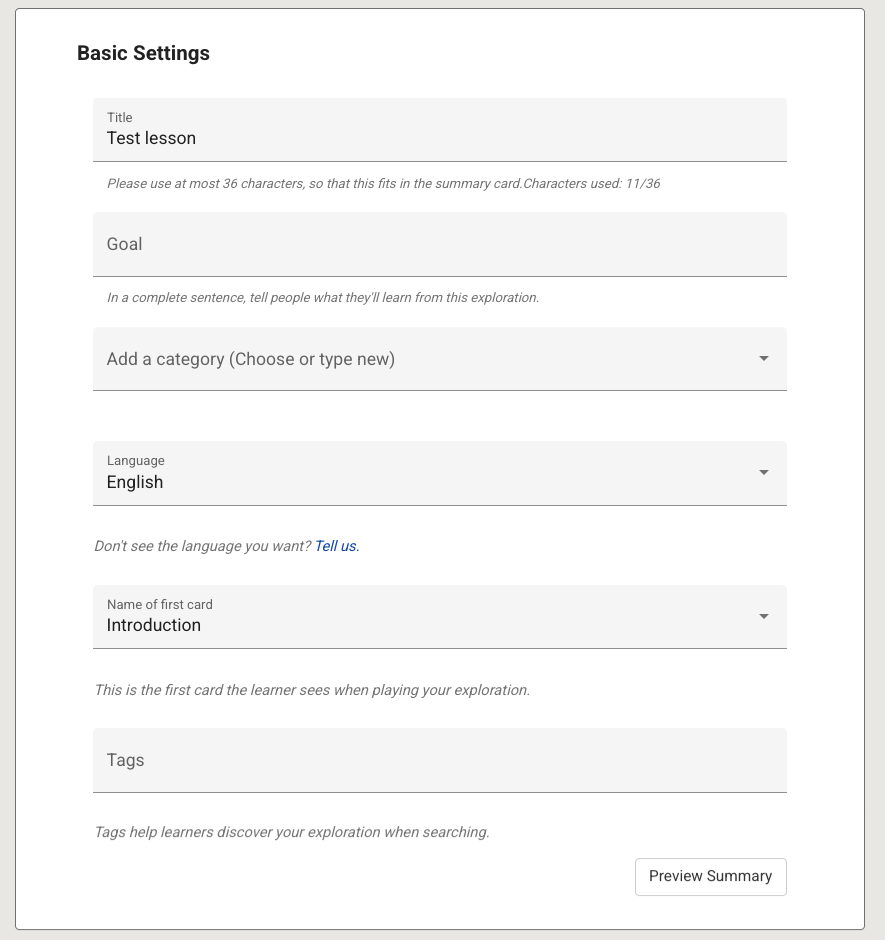 The Basic Settings tab in the Exploration Editor showing fields for Title, Category, and Objective.