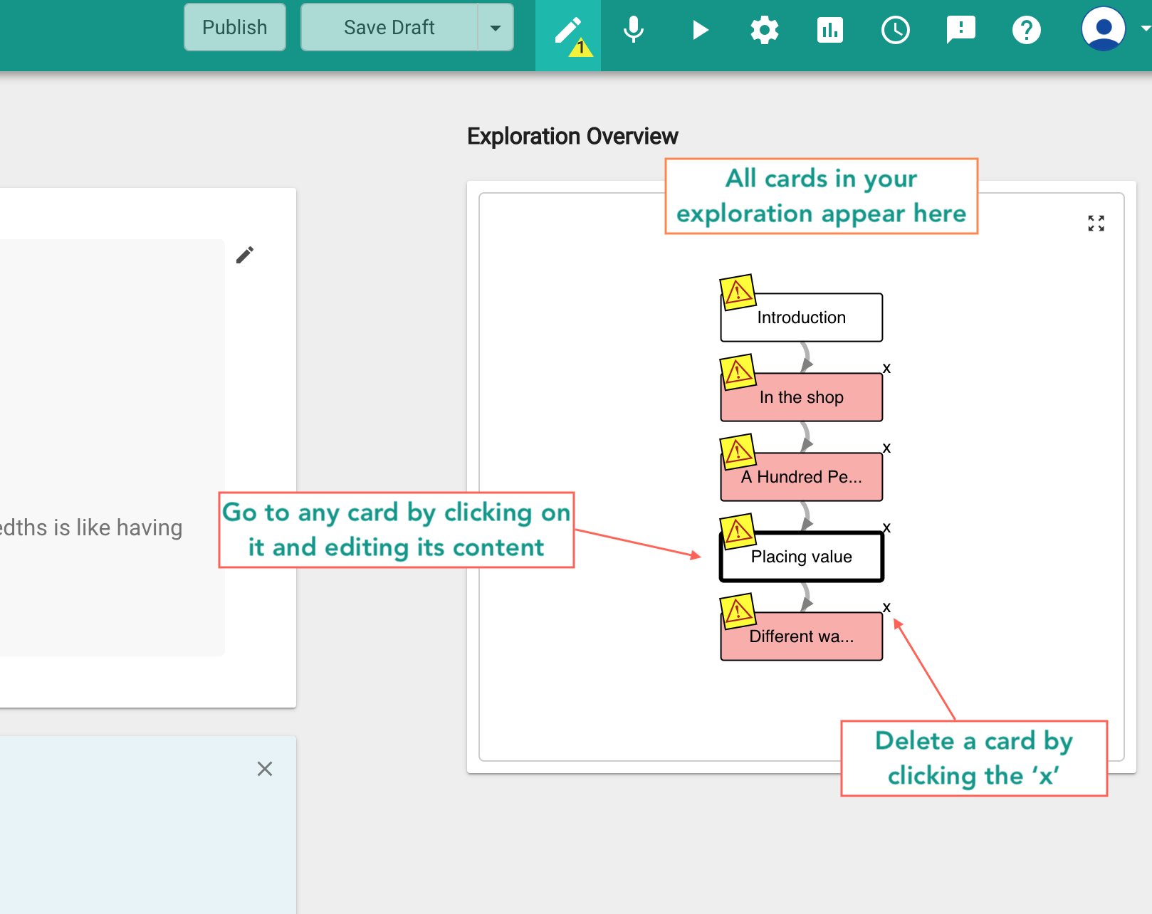 The Exploration Overview panel showing a map of cards used to navigate and select specific parts of the lesson.