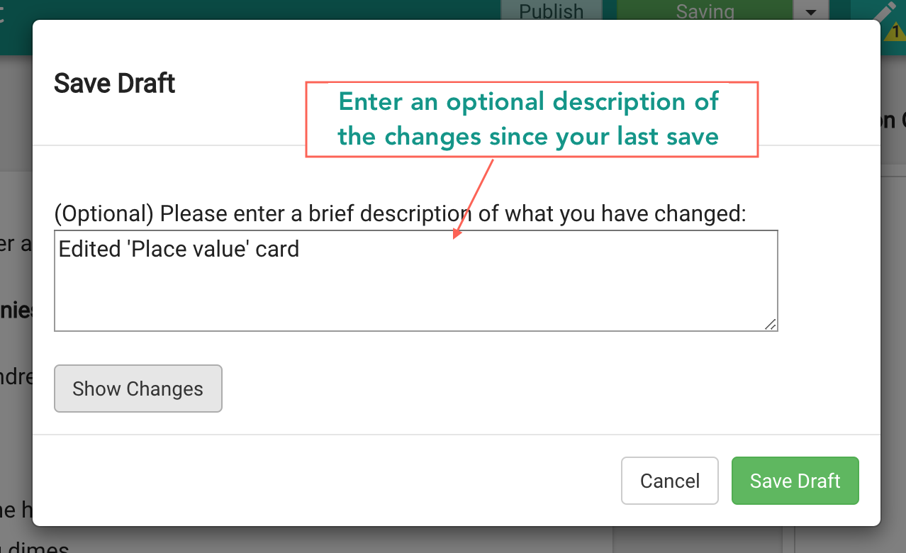 The Save Draft dialog box where creators can enter commit messages describing their changes.
