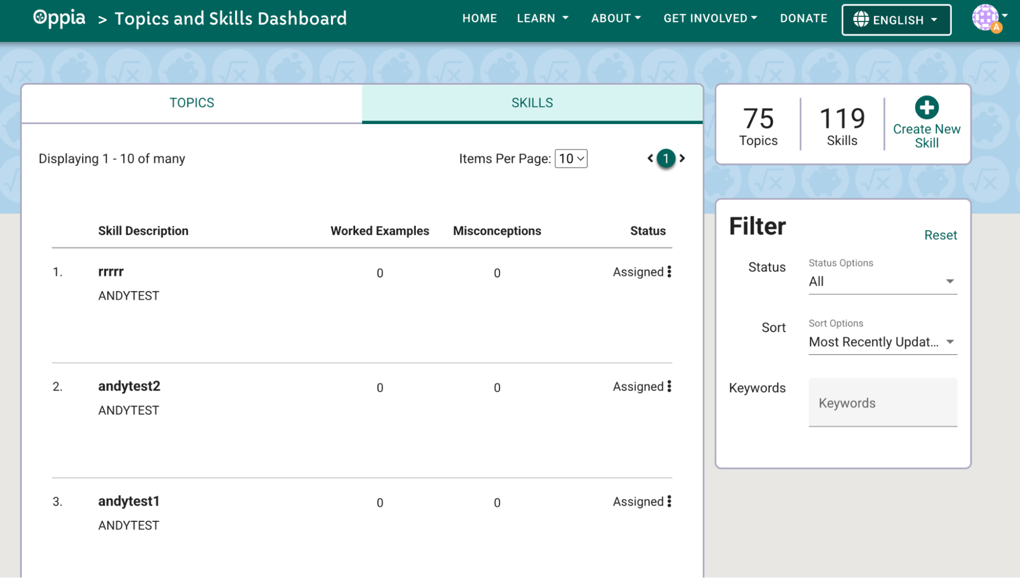 Skills Dashboard filter panel