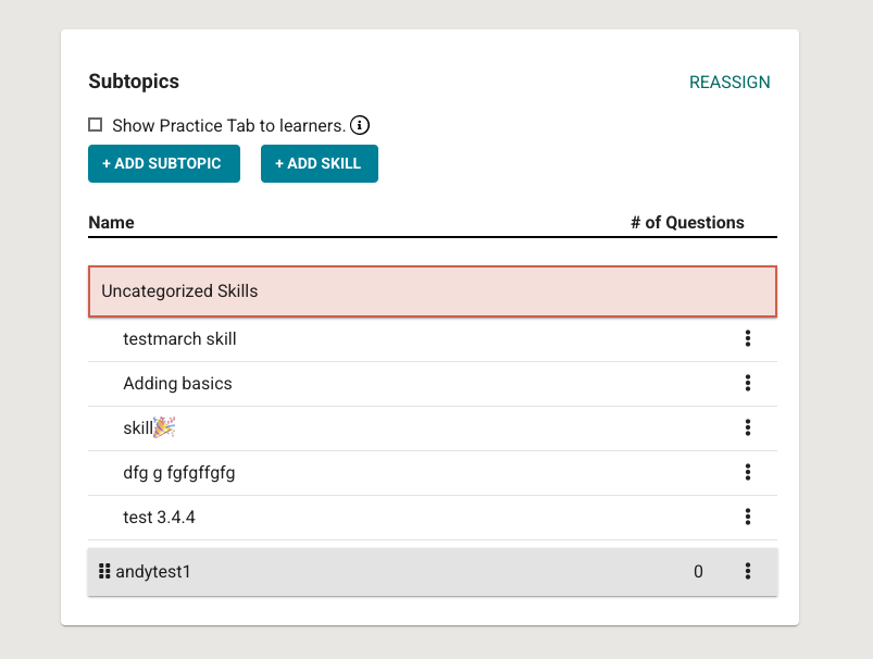 Subtopics panel in the Skills Dashboard