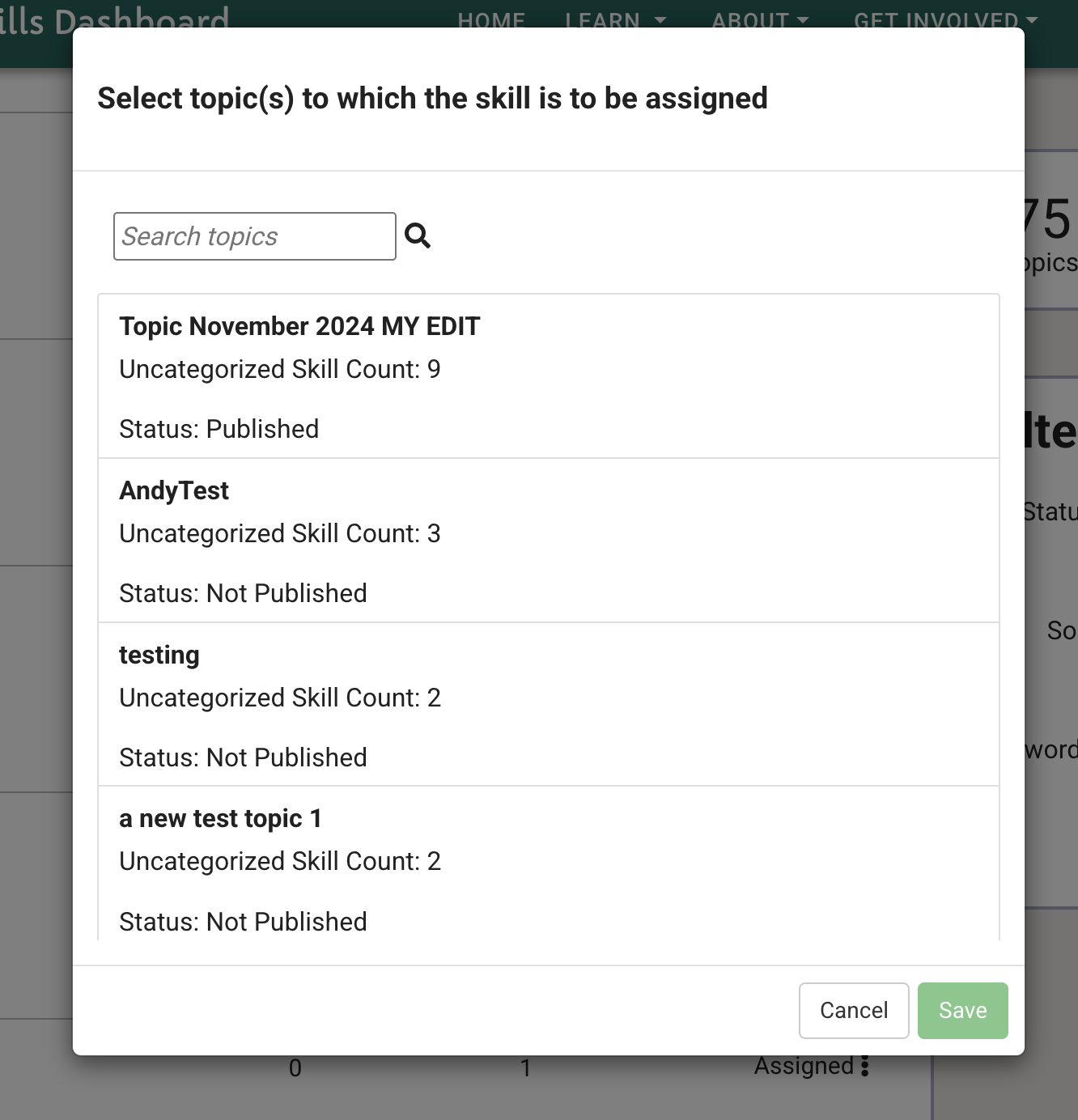 Dialog to assign a skill to a topic