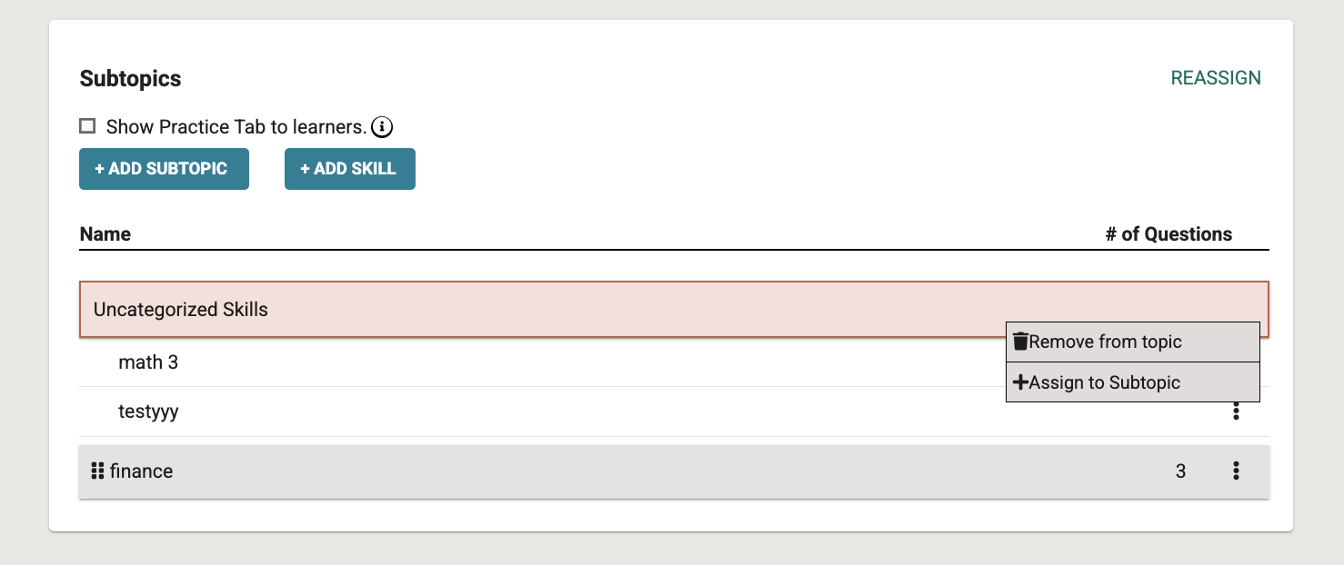 Subtopics assignment interface