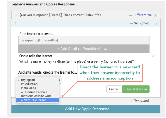 Setting a response destination to a new card to address a specific misconception.