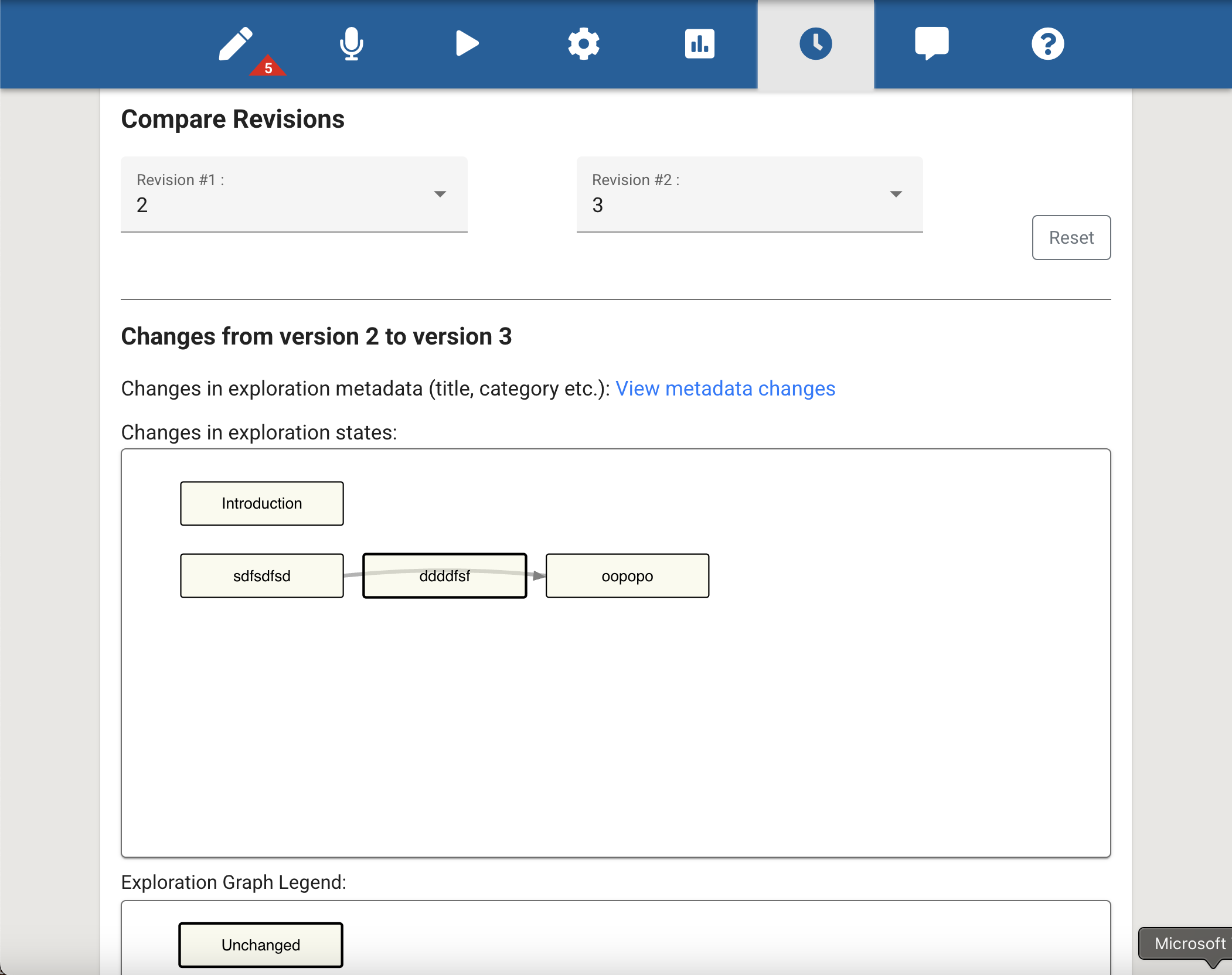 The Compare Revisions interface showing a side-by-side comparison of two lesson versions with highlighted differences.