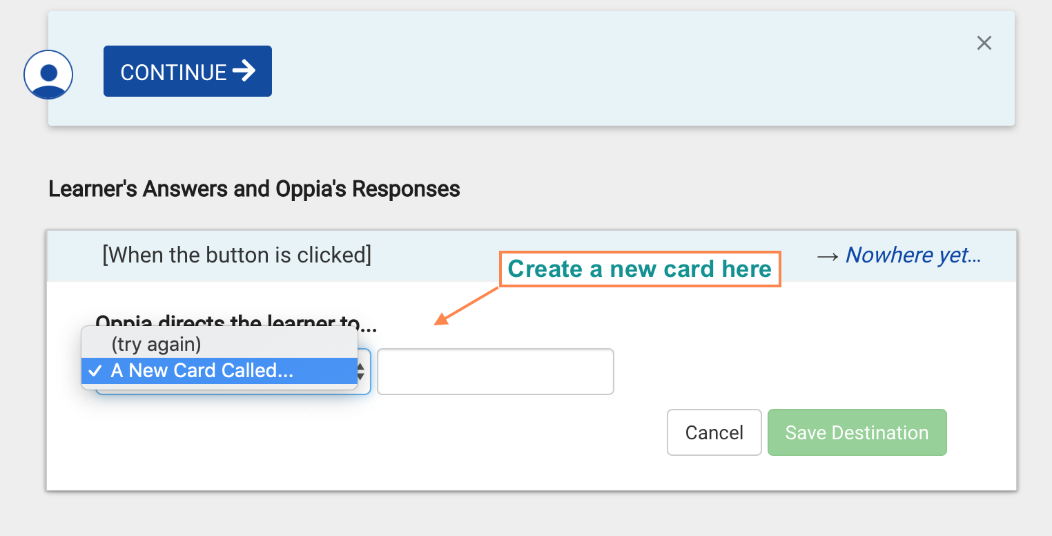 Dialog showing how to set a new card destination