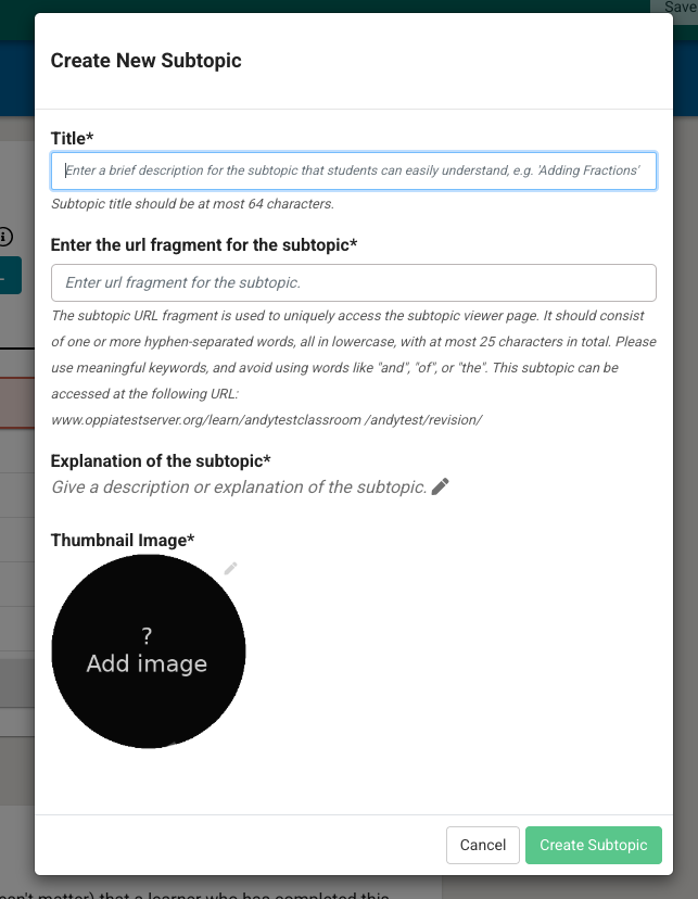 Create New Subtopic dialog