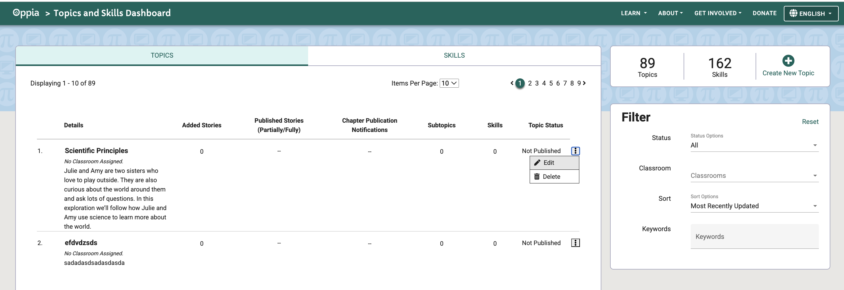 Edit menu in the dashboard