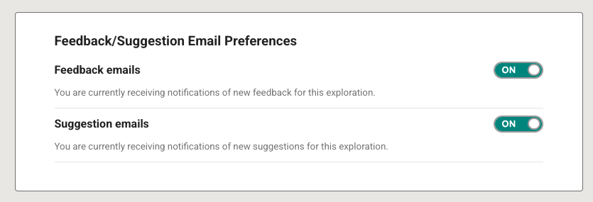 The email preferences section in settings showing the toggle switch for feedback and suggestion notifications.