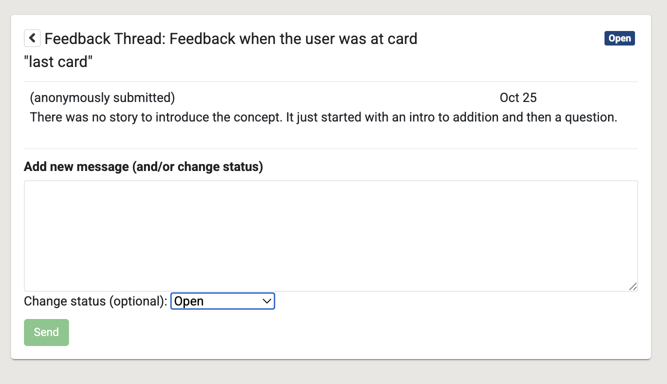 An open feedback thread with a text area for responding to the learner and a dropdown to change the status.