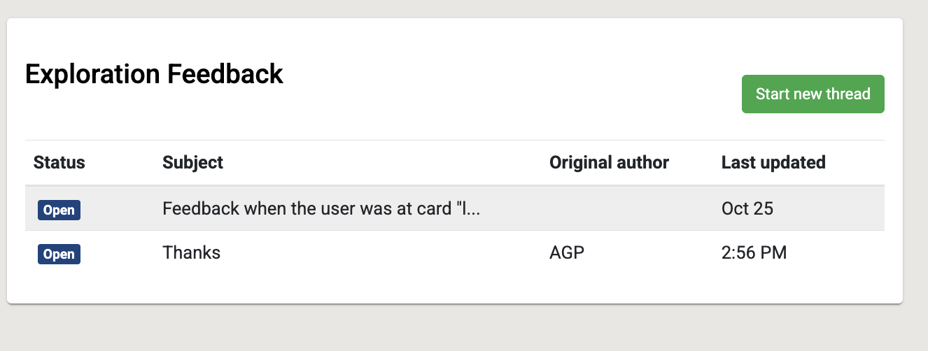 The Feedback tab showing a list of threads submitted by learners for specific cards in the exploration.