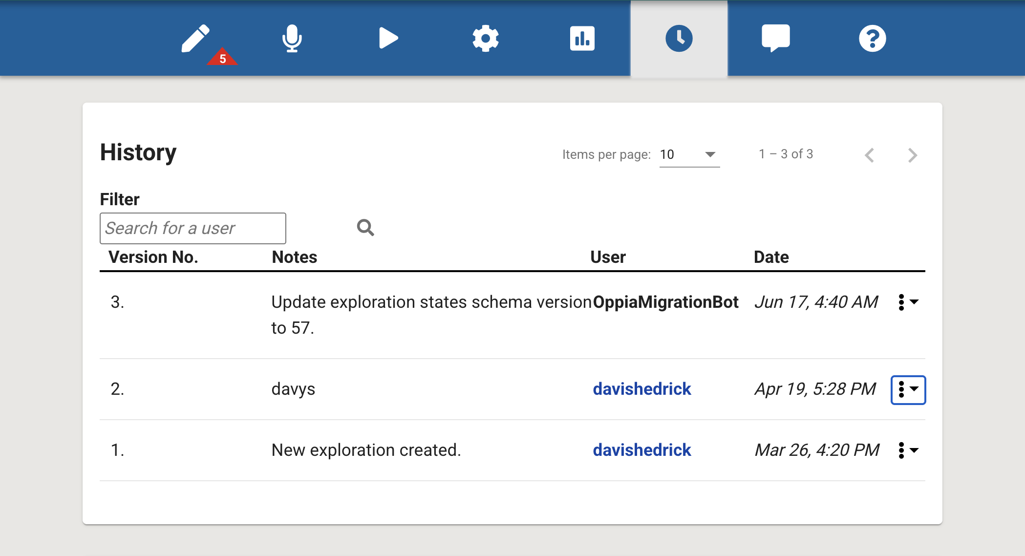 The History tab showing a chronological list of saved versions and changes made by contributors.