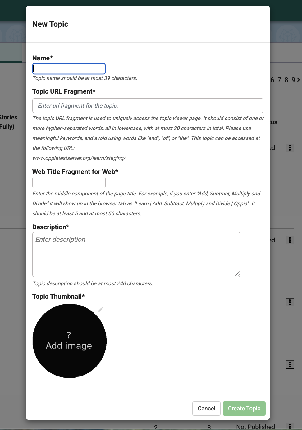 New topic information panel