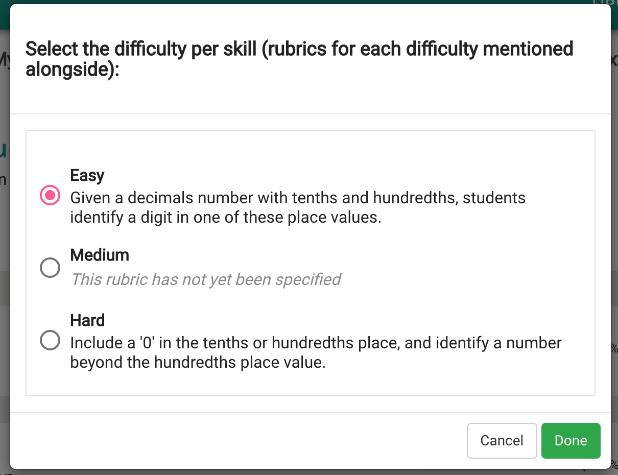 Question difficulty selection dialog