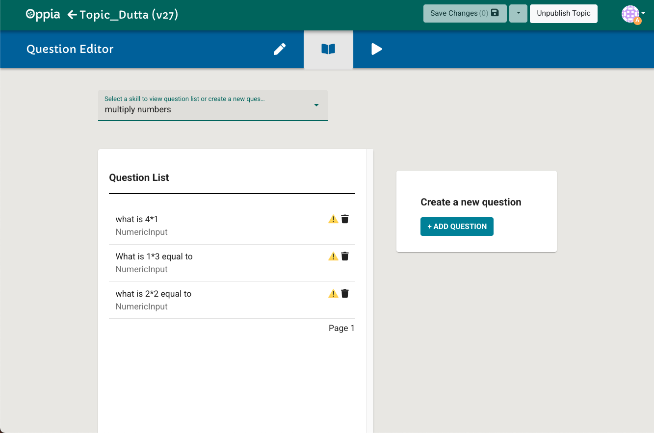 Choosing a skill in the Question Editor