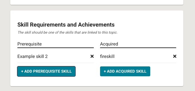 The Skill Requirements and Achievements section showing buttons to add prerequisite and acquired skills.
