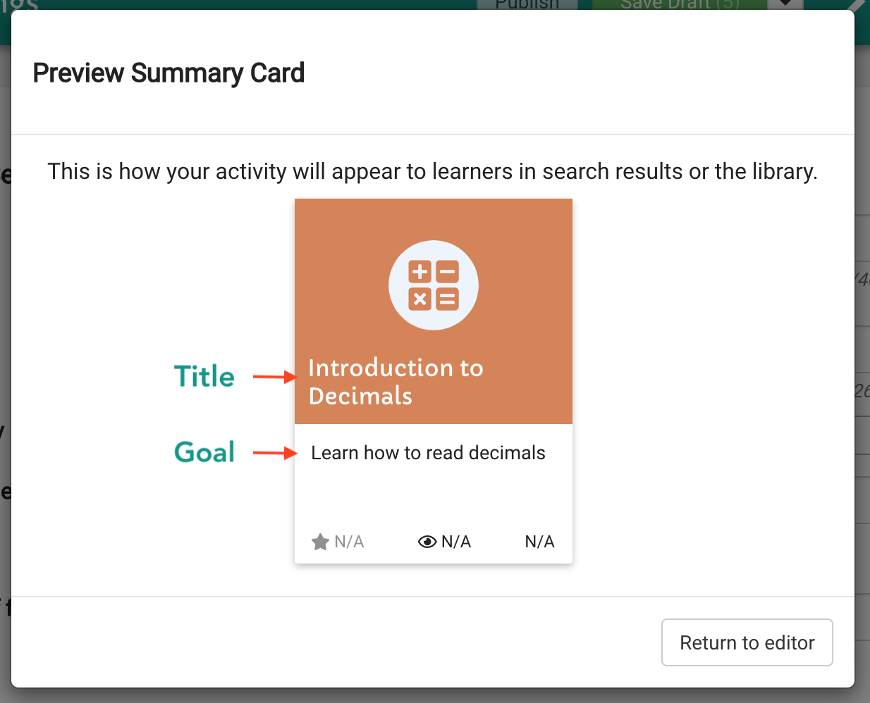 A preview of the lesson summary card showing how the title and goal appear to learners in the library.