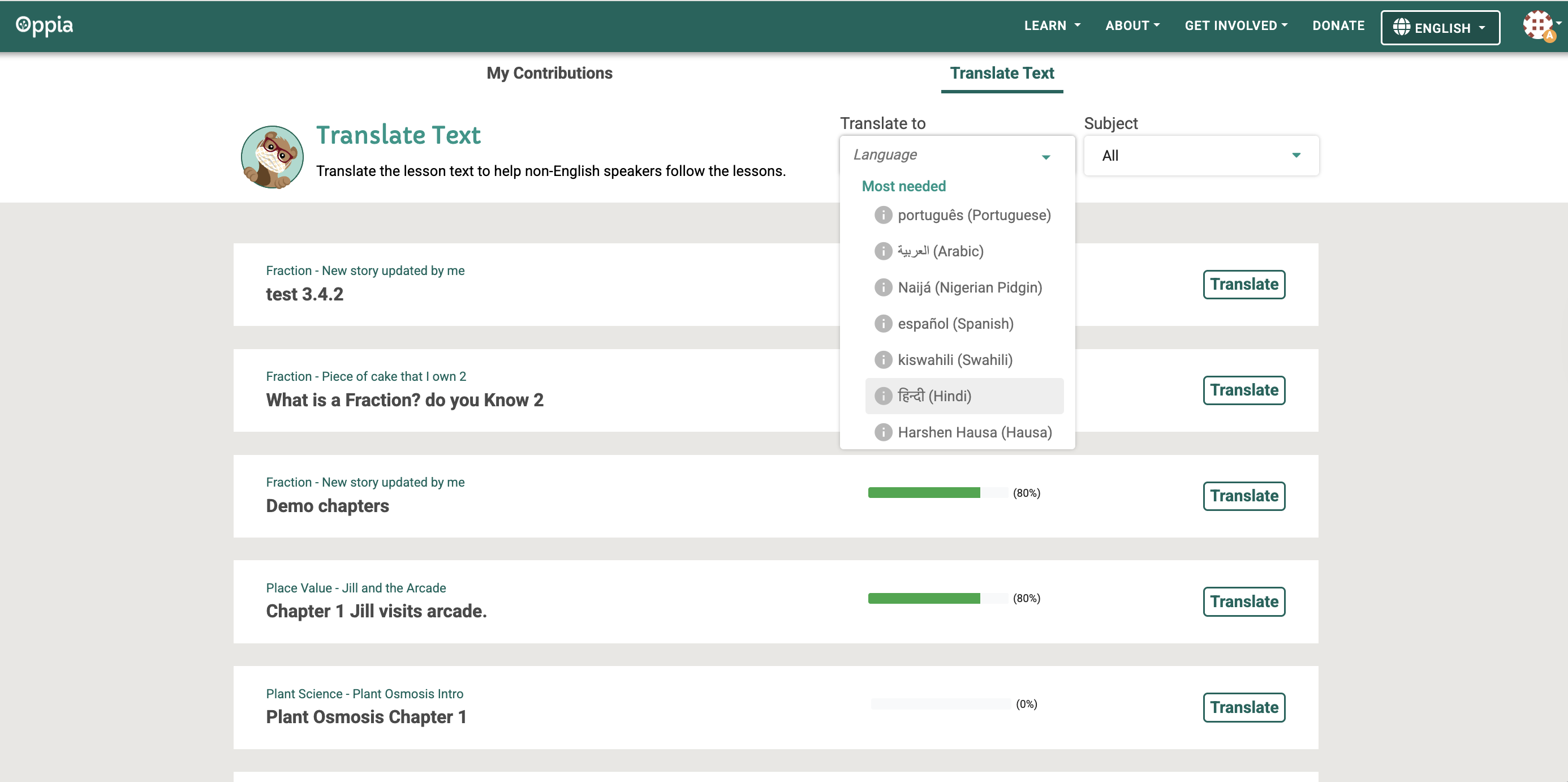 Translate text tab on the Contributor Dashboard